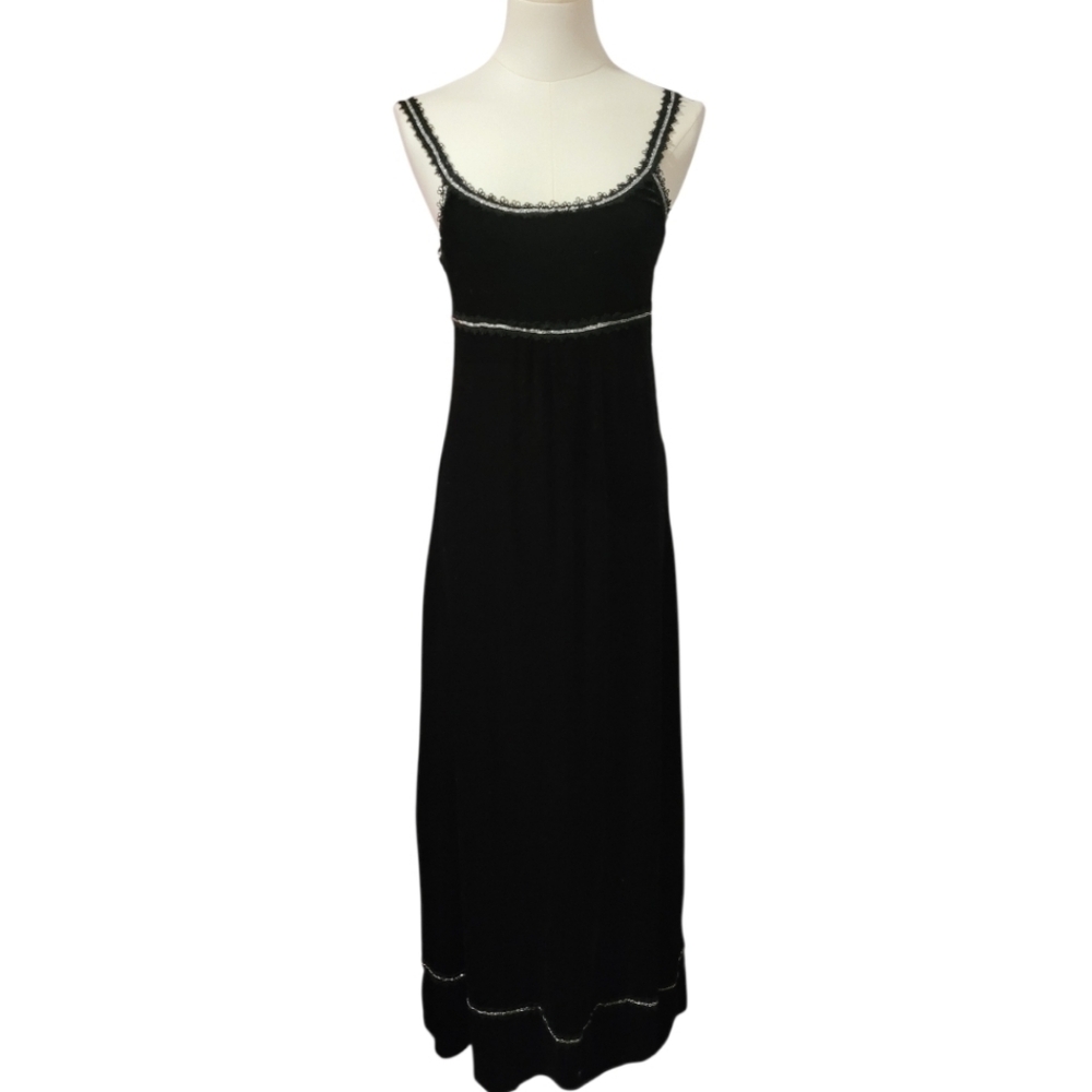 Super Low Fat Vintage Y2K Goth Black Velvet Silver Trimmed Maxi Dress Size Large